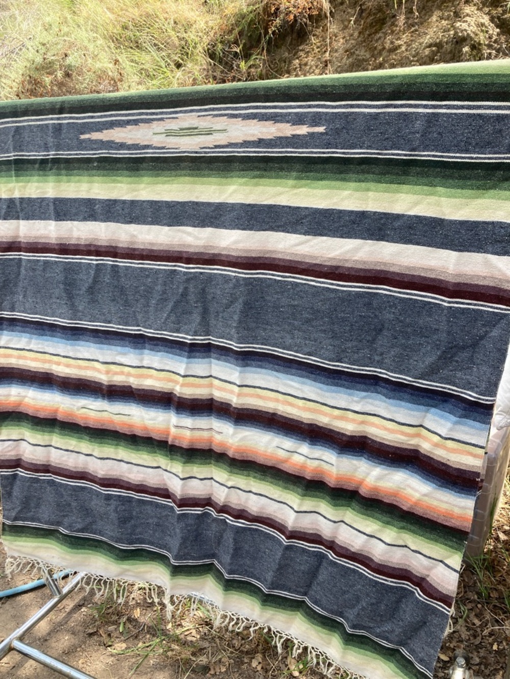 Vintage Mexican desert serape blanket peach green gray brown blue